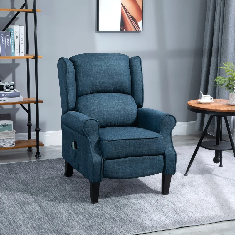 HOMCOM Wingback Heated Vibrating Accent Sofa, Vintage Upholstered Massage Recliner Chair Push-back with Remote Controller, Blue