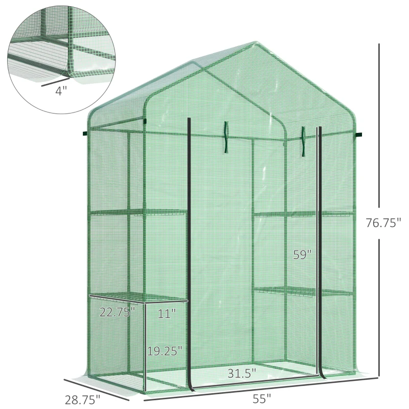 Outsunny 56"x29"x77" Outdoor Greenhouse Walk-in Plant Greenhouse Sun House with Flower Shelves and Zippered Roll-Up Door for Seedling, Flowers, Plant Growing, Germination, Green