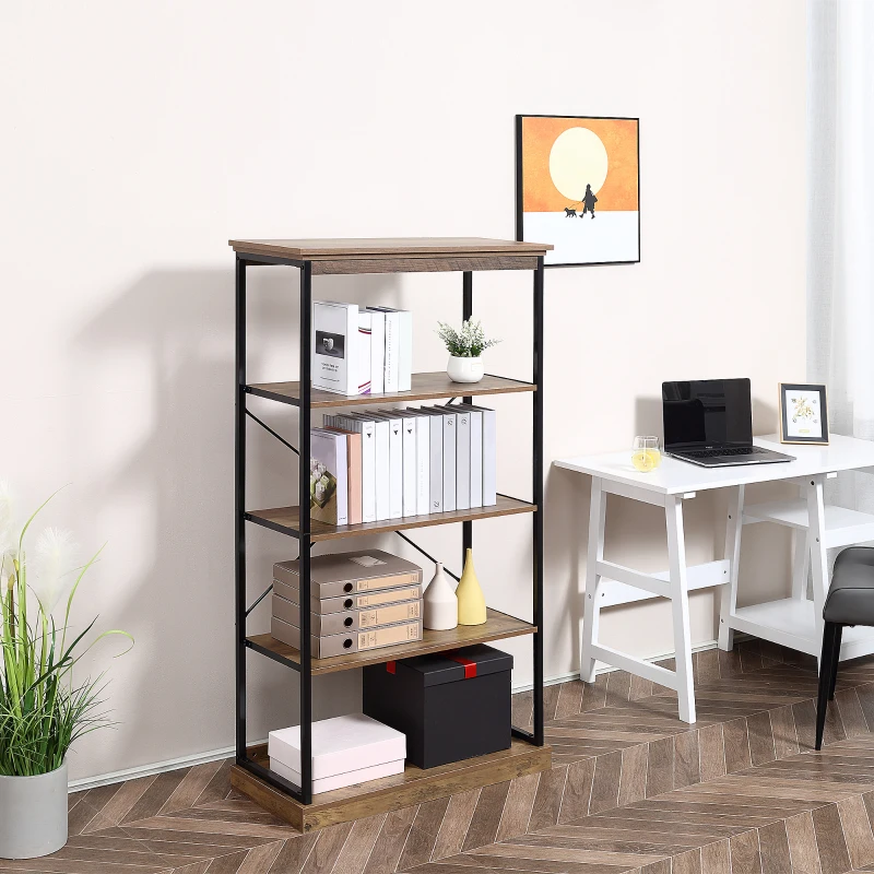 HOMCOM 4-Tier Industrial Modern Style Open Standing Bookshelf Organizer Storage Rack for Living Room, Bedroom, Brown / Black