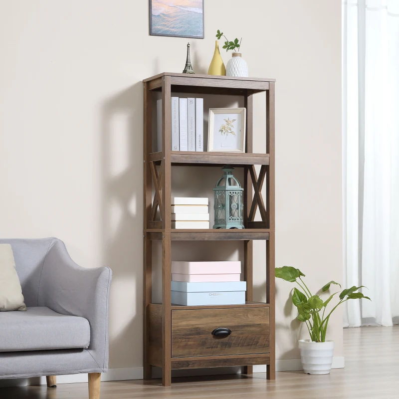 HOMCOM Farmhouse Chic 3-Tier Shelf Bookcase Display Rack with Drawer for Living Room, Bedroom, Office, Natural Wood