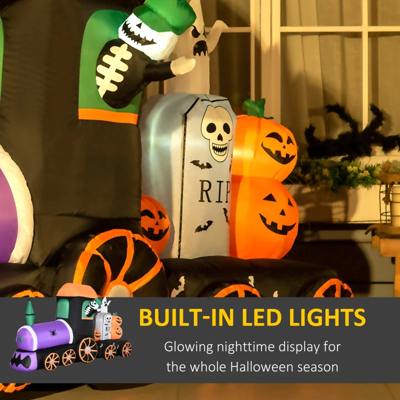 HOMCOM Inflatable Halloween Decoration Skeleton Ride Train with Ghost and Pumpkins, Blow-Up Outdoor LED Display for Lawn, Garden, Party