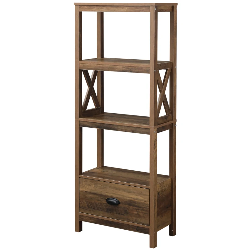 HOMCOM Farmhouse Chic 3-Tier Shelf Bookcase Display Rack with Drawer for Living Room, Bedroom, Office, Natural Wood