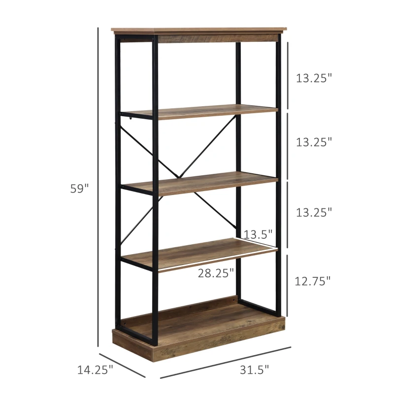 HOMCOM 4-Tier Industrial Modern Style Open Standing Bookshelf Organizer Storage Rack for Living Room, Bedroom, Brown / Black