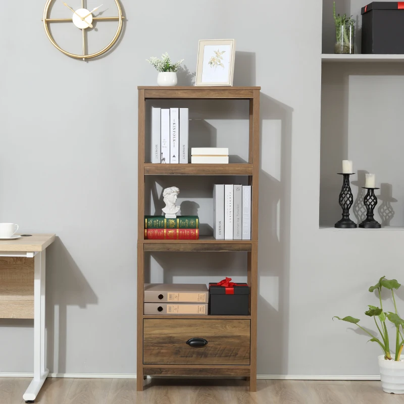HOMCOM Farmhouse Chic 3-Tier Shelf Bookcase Display Rack with Drawer for Living Room, Bedroom, Office, Natural Wood