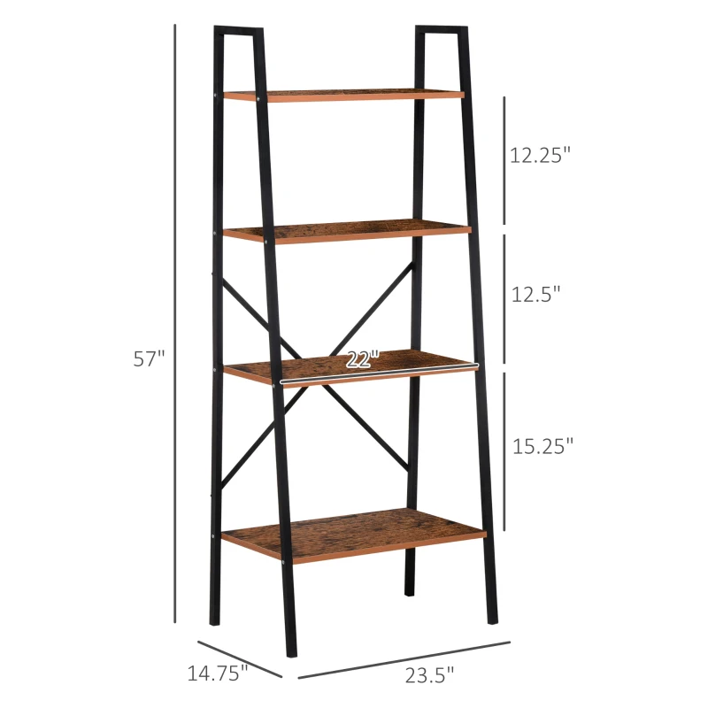 HOMCOM Wooden Metal 4 Tier Vintage Rustic Industrial Ladder Style Bookcase Shelf, Black/Vintage wood
