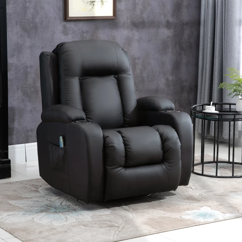 HOMCOM Luxury Faux Leather Heated Vibrating 8 Point Massage Recliner Chair with 360 Swivel and Remote, Black