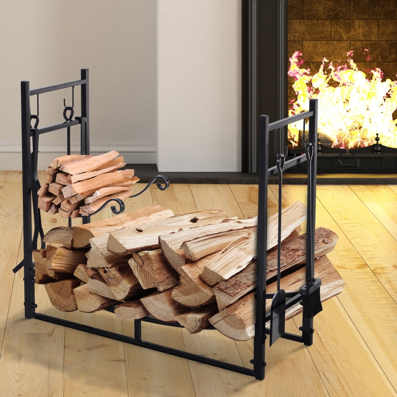Outsunny Wood Storage Rack Log Holder with Kindling Holder and 4 Tools Indoor Outdoor Metal Black