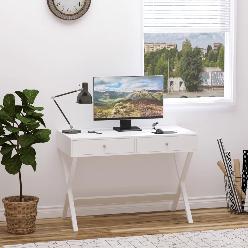 HOMCOM Modern Writing Desk, White Computer Desk, Vanity Makeup Table with Two Drawers, X-shaped Leg for Home Office, Bedroom