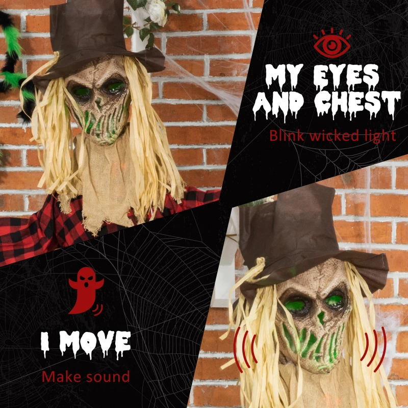 Outsunny 71" Life Size Halloween Skeleton Scarecrow, Animated Prop with Sound and Motion Activated, Light Up Eyes, Howling and Chain Sound