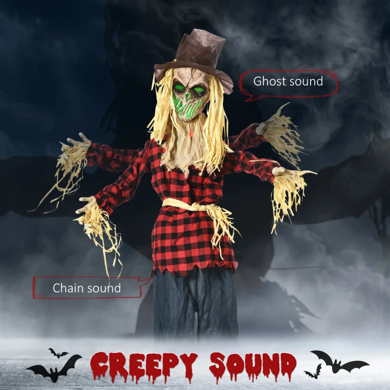 Outsunny 71" Life Size Halloween Skeleton Scarecrow, Animated Prop with Sound and Motion Activated, Light Up Eyes, Howling and Chain Sound