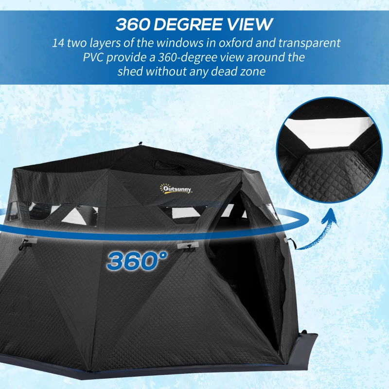 Outsunny 4 Person Insulated Ice Fishing Shelter, 360-Degree View, Pop-Up Portable Ice Fishing Tent with Carry Bag, Two Doors and Anchors for Low-Temp -22℉, Black