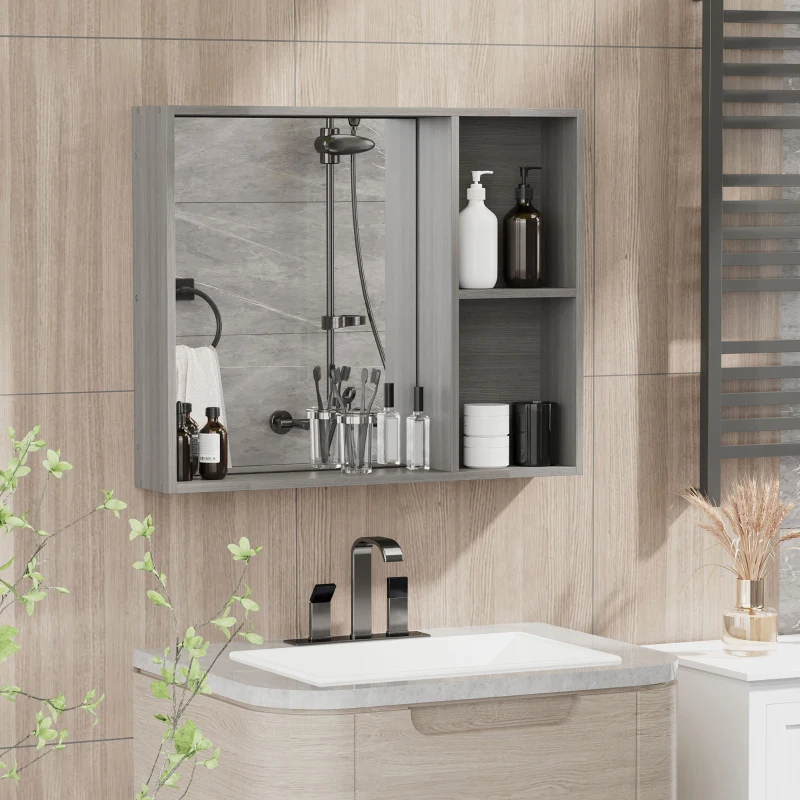 kleankin 31.5 Inch x 25.5 Inch Medicine Cabinet with Mirror, 2-Tier Storage Shelf, Wall Mounted Bathroom Mirror Cabinet, Gray