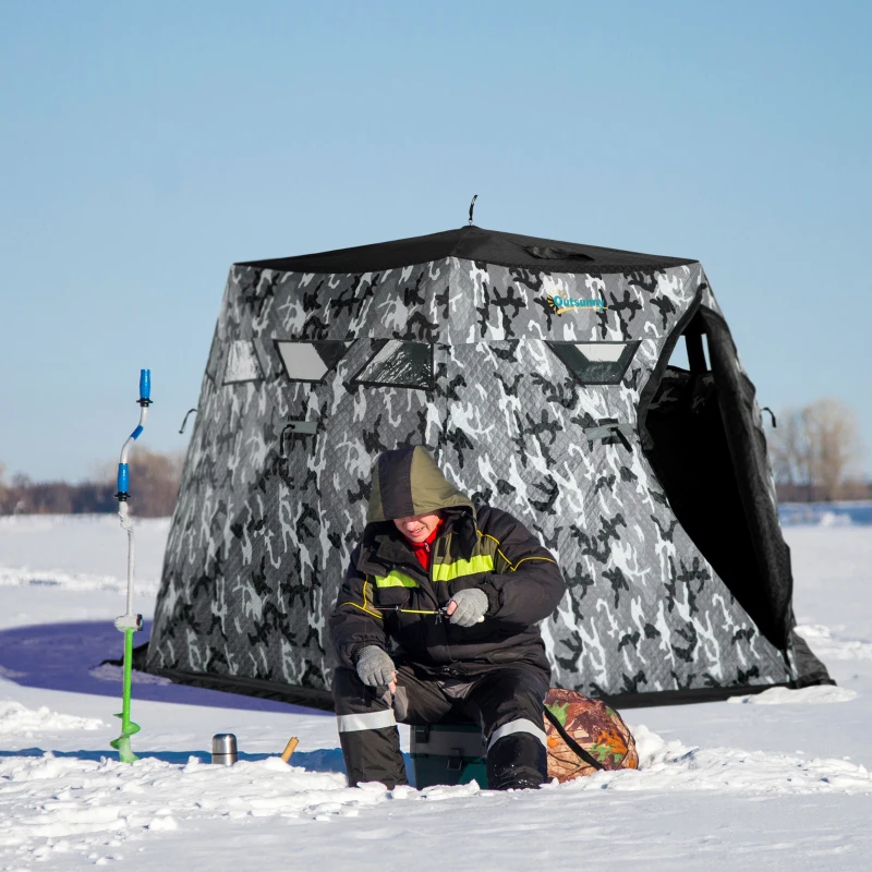 Outsunny 4 Person Insulated Ice Fishing Shelter, 360-Degree View, Pop-Up Portable Ice Fishing Tent with Carry Bag, Two Doors and Anchors for Low-Temp -22℉, Camouflage
