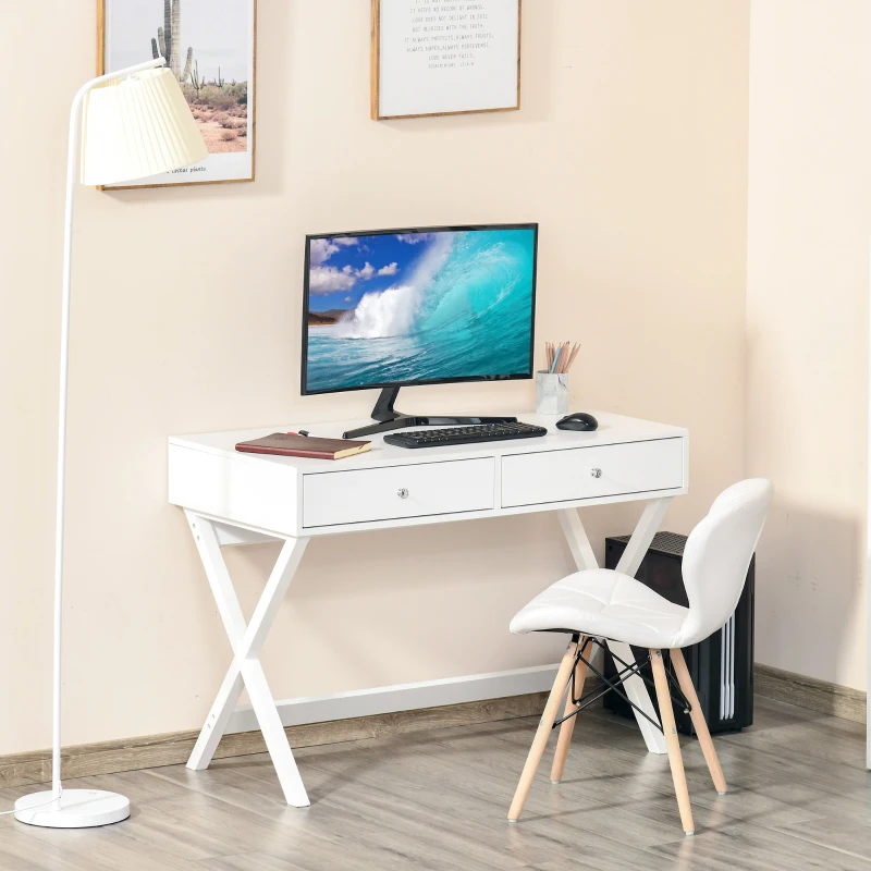 HOMCOM Modern Writing Desk, White Computer Desk, Vanity Makeup Table with Two Drawers, X-shaped Leg for Home Office, Bedroom