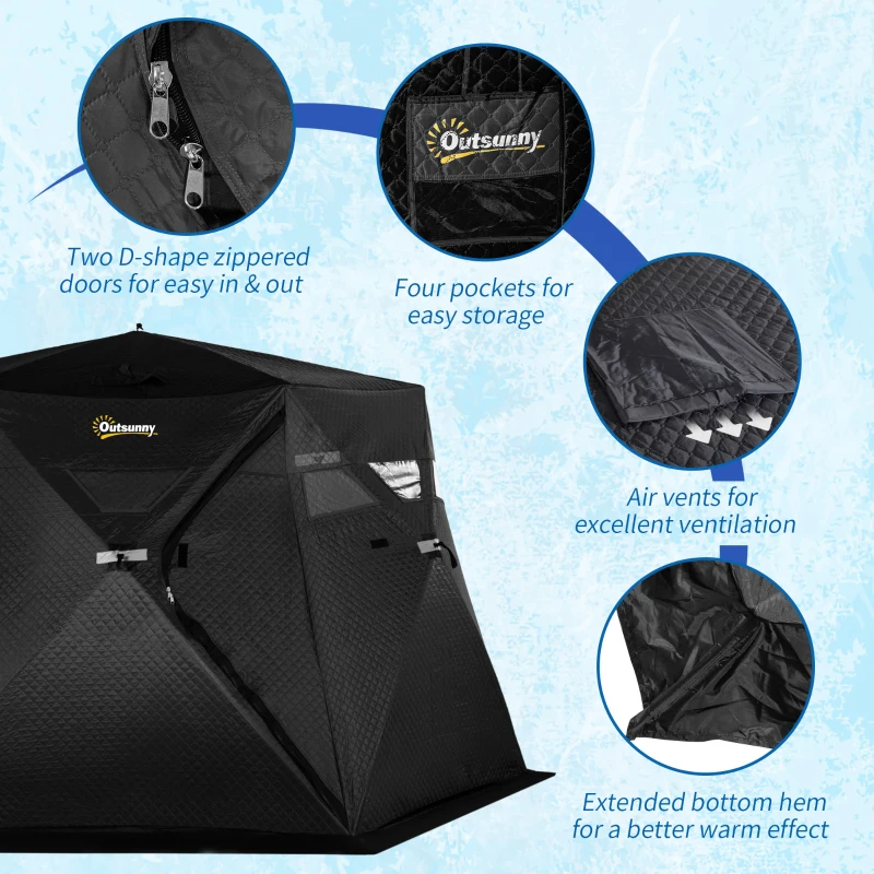 Outsunny 4 Person Insulated Ice Fishing Shelter, 360-Degree View, Pop-Up Portable Ice Fishing Tent with Carry Bag, Two Doors and Anchors for Low-Temp -22℉, Black