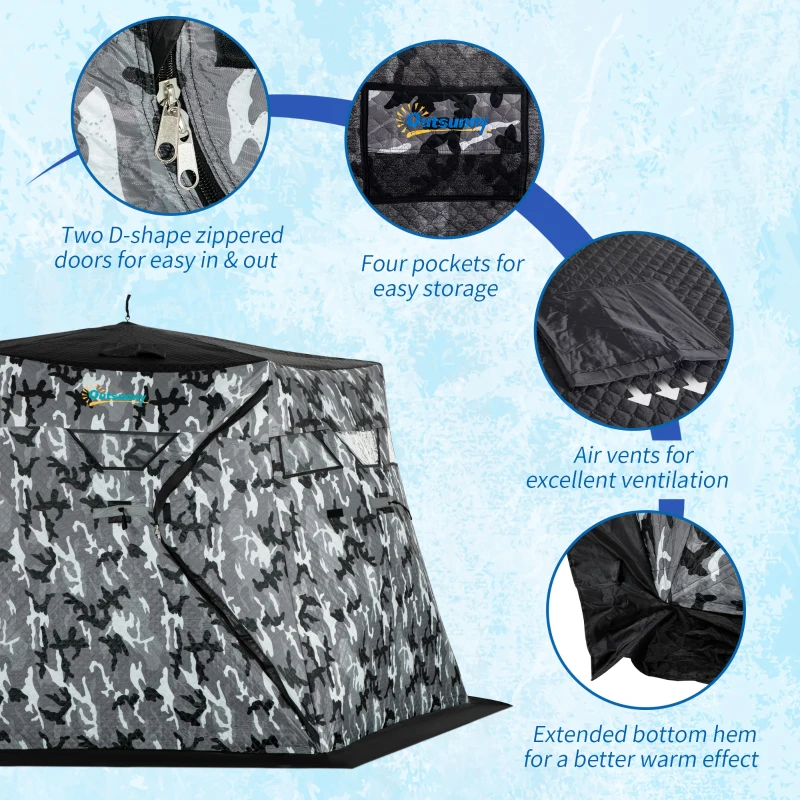 Outsunny 4 Person Insulated Ice Fishing Shelter, 360-Degree View, Pop-Up Portable Ice Fishing Tent with Carry Bag, Two Doors and Anchors for Low-Temp -22℉, Camouflage