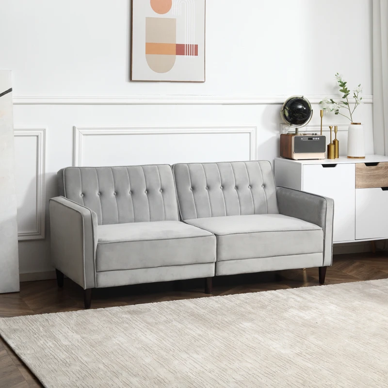 HOMCOM 3 Seater Sofa Bed with Reclining Split Back & Rubber Wood Legs, Light Gray