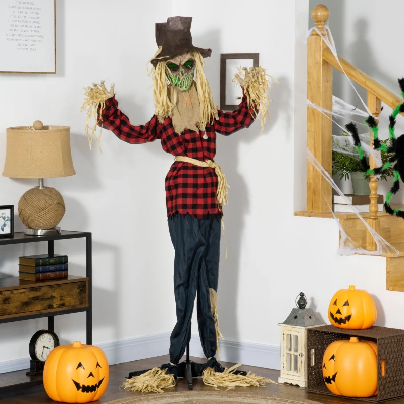 Outsunny 71" Life Size Halloween Skeleton Scarecrow, Animated Prop with Sound and Motion Activated, Light Up Eyes, Howling and Chain Sound