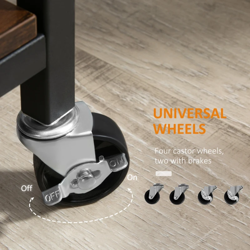 HOMCOM Rolling Kitchen Cart, 2-Tier Utility Cart with Storage, Serving Trolley with Lockable Wheels for Home Bar, Living Room, Rustic Brown