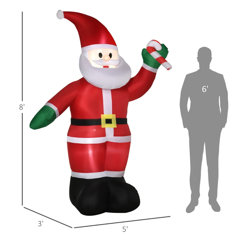 Outsunny 8ft Christmas Inflatables Outdoor Decorations Santa Claus Holds Candy Cane with Furry Beard, Blow-Up LED Yard Christmas Decor for Lawn Garden Party