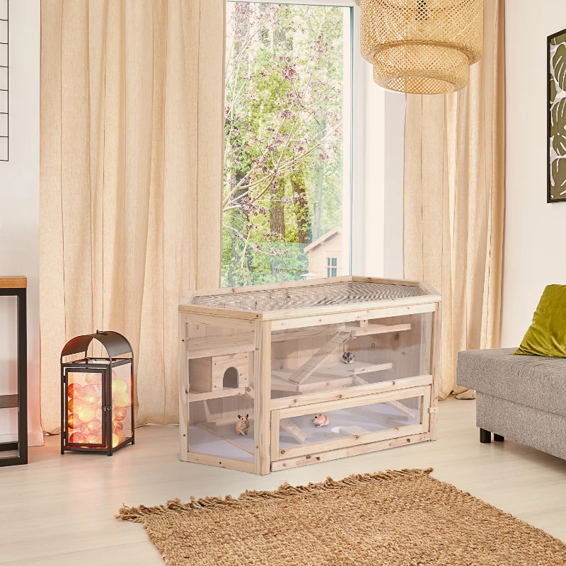 PawHut 3-Tier Extra Large Wooden Hamster Cage with Seesaws, Small Animal Cage and Habitat, Mice, Rat, Gerbil, & Hamster Habitat, Ladder, Feeding Bowl, Openable Top and Front Door