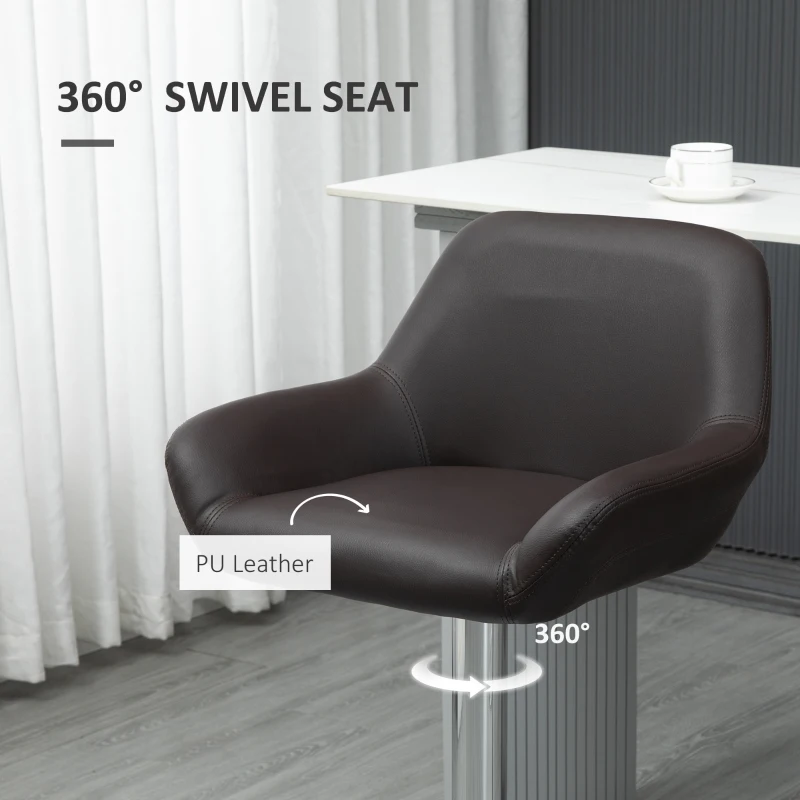 HOMCOM Modern Bar Stools Set of 2, PU Leather Tall Kitchen Stools, Swivel Bar Chairs with Steel Base, Footrest and Adjustable Height, Espresso