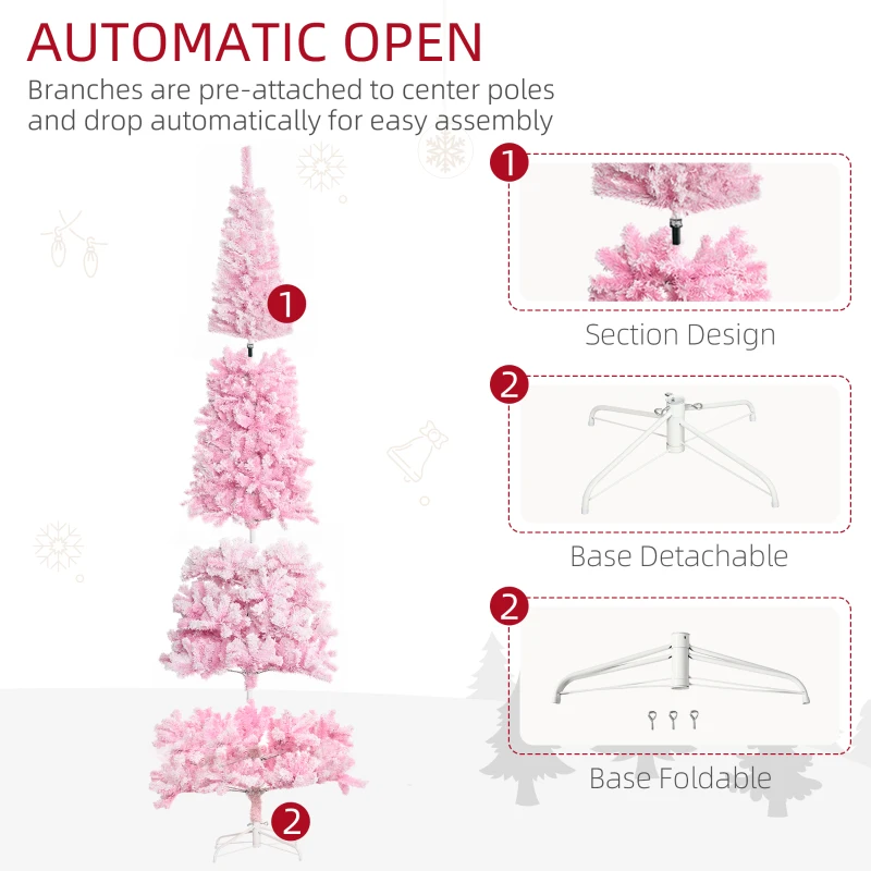 HOMCOM 9 FT Snow Flocked Artificial Christmas Tree, Pencil Xmas Tree with Realistic Branches, Auto Open and Steel Base, Pink