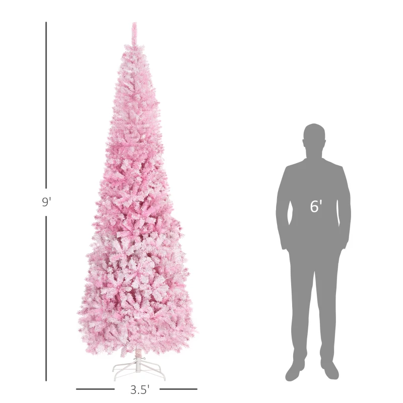 HOMCOM 9 FT Snow Flocked Artificial Christmas Tree, Pencil Xmas Tree with Realistic Branches, Auto Open and Steel Base, Pink