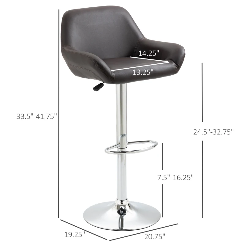 HOMCOM Modern Bar Stools Set of 2, PU Leather Tall Kitchen Stools, Swivel Bar Chairs with Steel Base, Footrest and Adjustable Height, Espresso