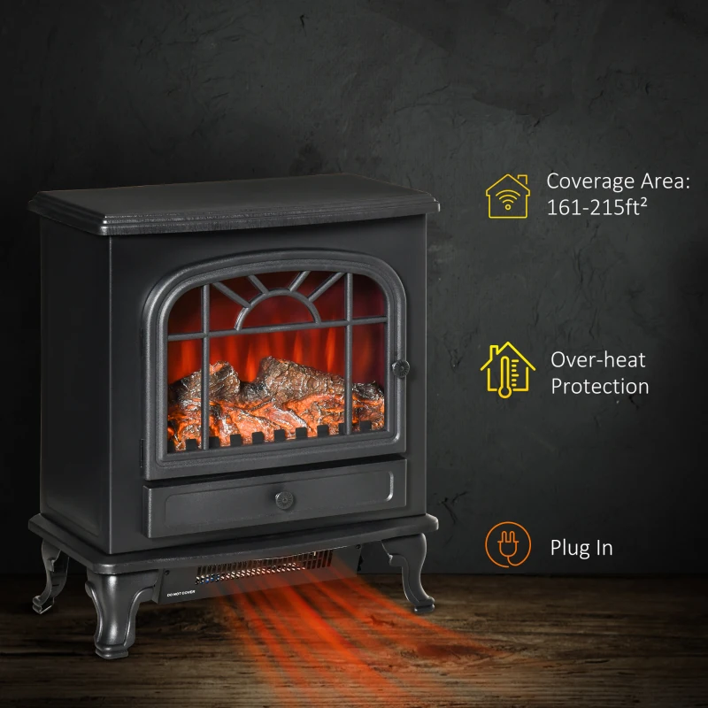 HOMCOM Freestanding Electric Fireplace Heater, Fireplace Stove with Realistic Flame Effect and Adjustable Temperature, Overheat Safety Protection, 750W/1500W, Black