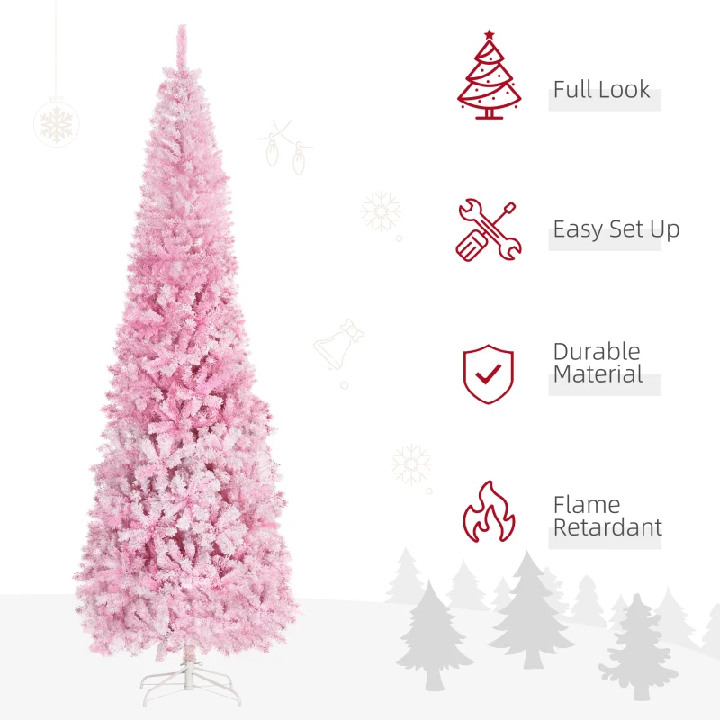HOMCOM 9 FT Snow Flocked Artificial Christmas Tree, Pencil Xmas Tree with Realistic Branches, Auto Open and Steel Base, Pink
