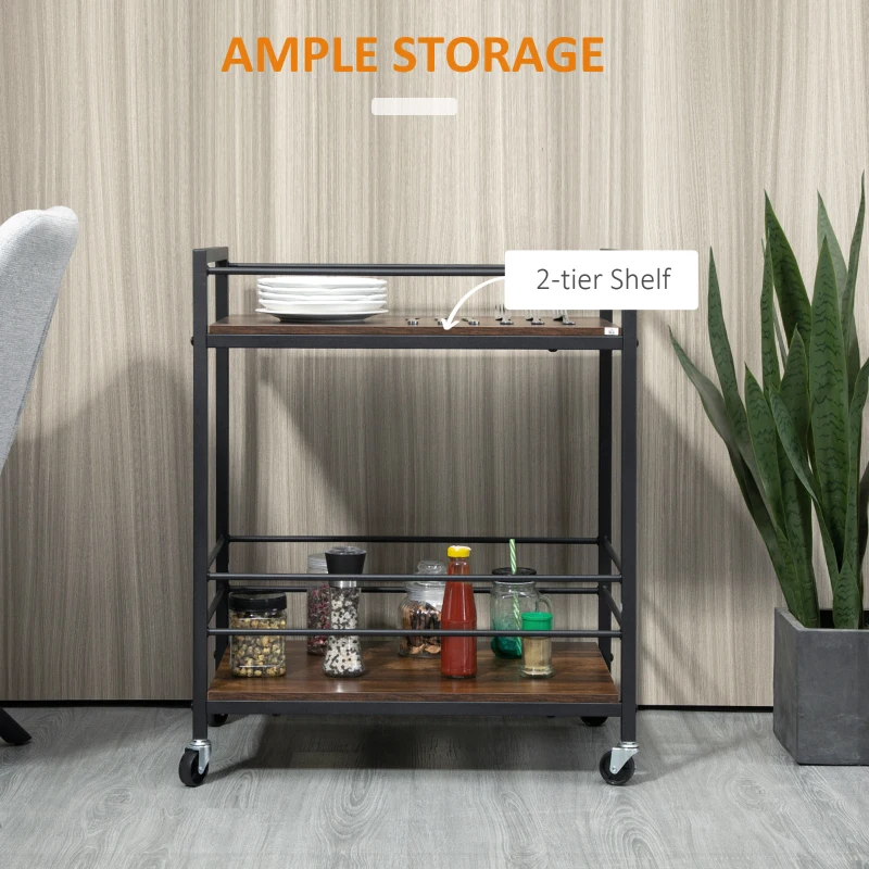 HOMCOM Rolling Kitchen Cart, 2-Tier Utility Cart with Storage, Serving Trolley with Lockable Wheels for Home Bar, Living Room, Rustic Brown