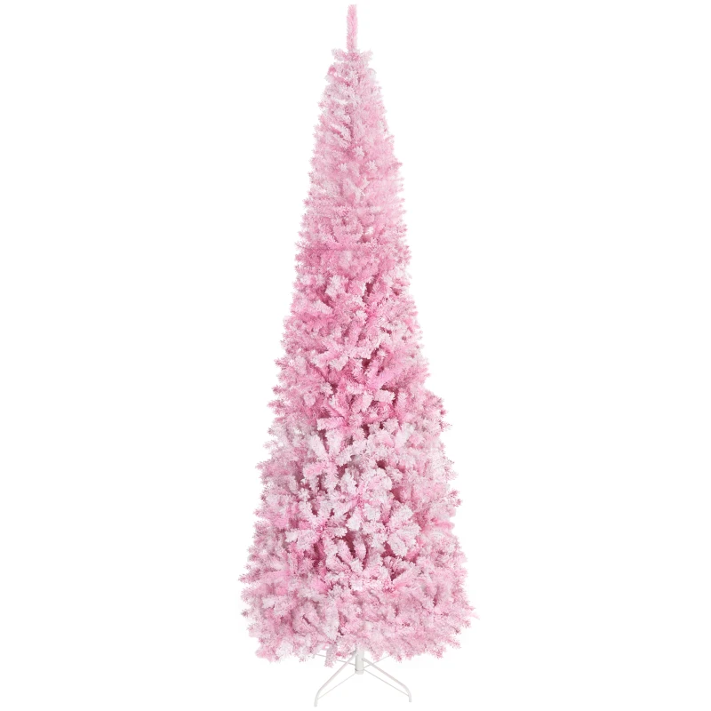 HOMCOM 9 FT Snow Flocked Artificial Christmas Tree, Pencil Xmas Tree with Realistic Branches, Auto Open and Steel Base, Pink