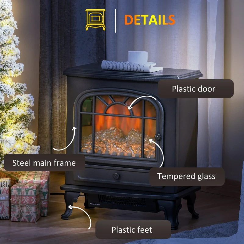 HOMCOM Freestanding Electric Fireplace Heater, Fireplace Stove with Realistic Flame Effect and Adjustable Temperature, Overheat Safety Protection, 750W/1500W, Black