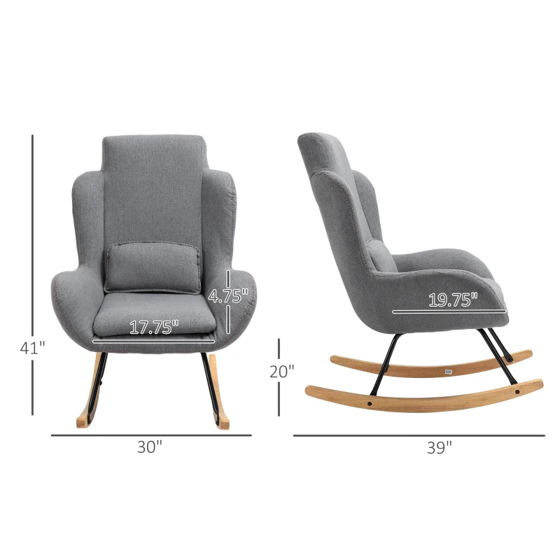 HOMCOM Modern Rocking Chair with Removable Lumbar Pillow Fabric Sofa Armchair with Thick Padding, Metal Frame, Wood Base for Living Room, Light Gray