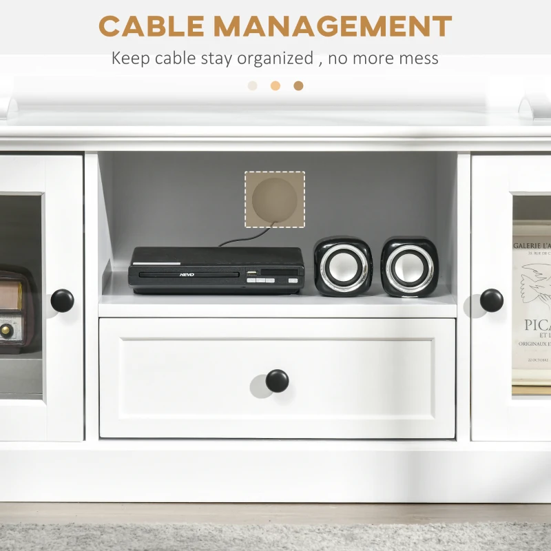 HOMCOM Modern TV Stand Cabinet for TVs up to 60 Inches, Entertainment Center with Drawer and Glass Doors for Living Room, White