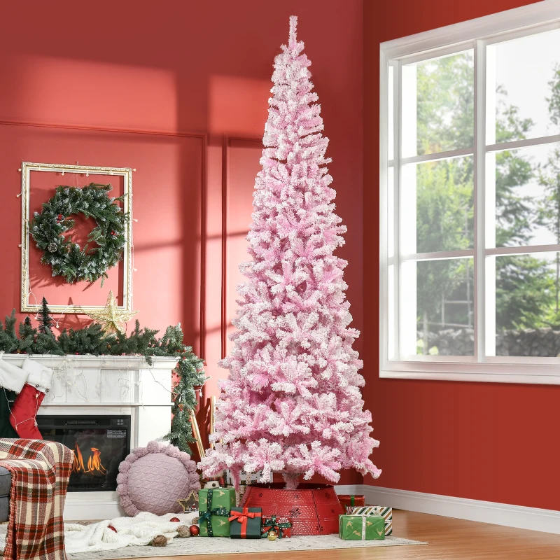 HOMCOM 9 FT Snow Flocked Artificial Christmas Tree, Pencil Xmas Tree with Realistic Branches, Auto Open and Steel Base, Pink