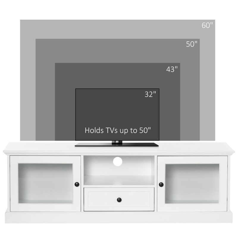 HOMCOM Modern TV Stand Cabinet for TVs up to 60 Inches, Entertainment Center with Drawer and Glass Doors for Living Room, White