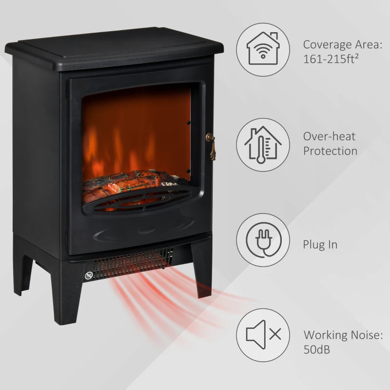 HOMCOM Electric Fireplace Stove, Free standing Fireplace Heater with Realistic Flame Effect, Overheat Safety Protection, 750W/1500W, Black