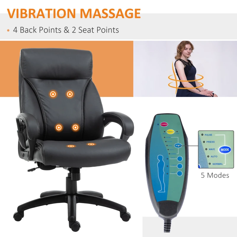 Vinsetto 6 Vibrating Massage Office Chair, Heavy-Duty Ergonomic Desk Chair with 5 Modes, Padded Armrest, Rolling Swivel PU Leather Task Computer Chair for Adults