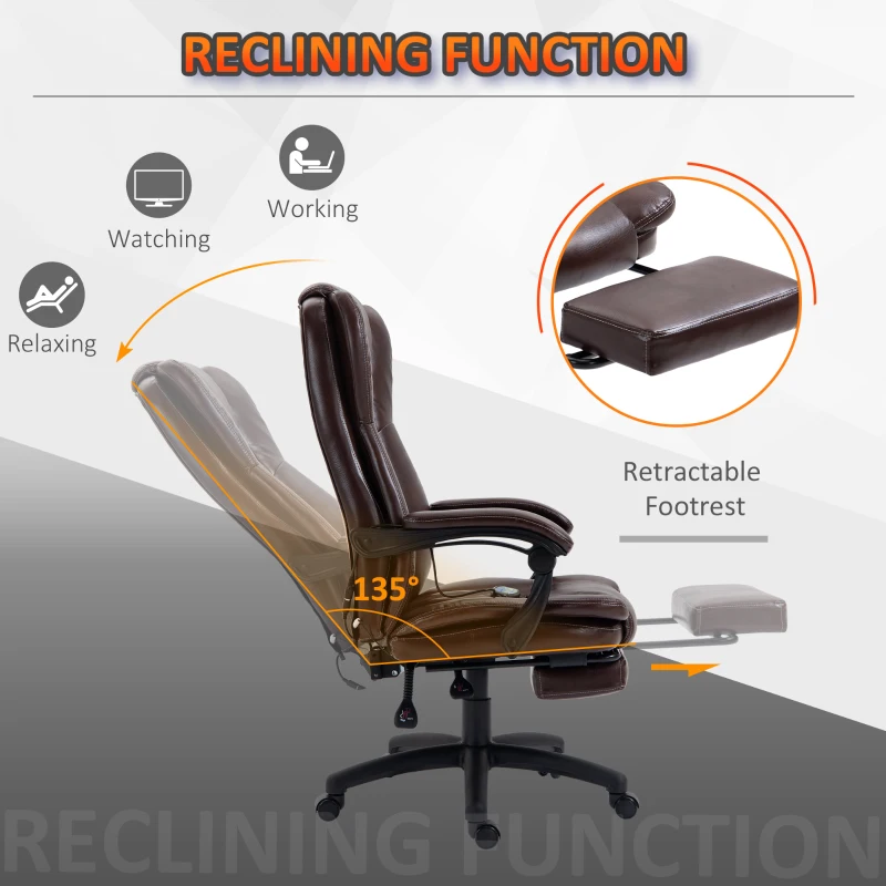 Vinsetto High Back Massage Office Chair with 6-Point Vibration, 5 Modes, Executive Chair, PU Leather Swivel Chair with Reclining Back, and Retractable Footrest, Brown