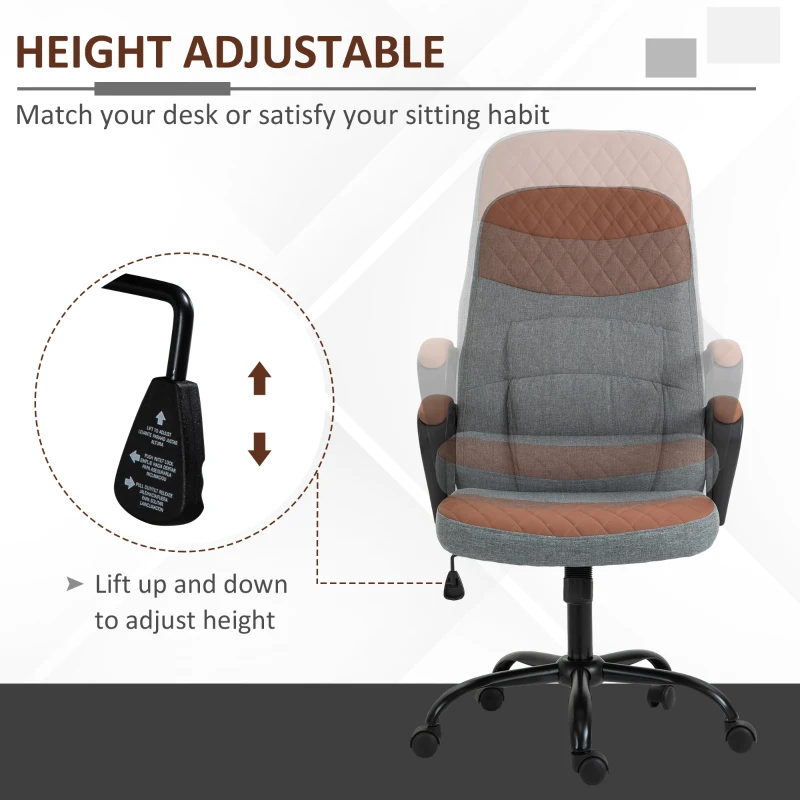 Vinsetto High Back Office Chair with 2-Point Lumbar Massage, USB Power, Faux Leather, and Linen Fabric, Brown/Grey