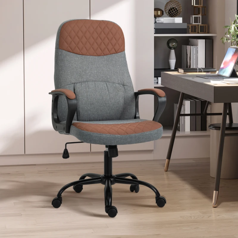 Vinsetto High Back Office Chair with 2-Point Lumbar Massage, USB Power, Faux Leather, and Linen Fabric, Brown/Grey