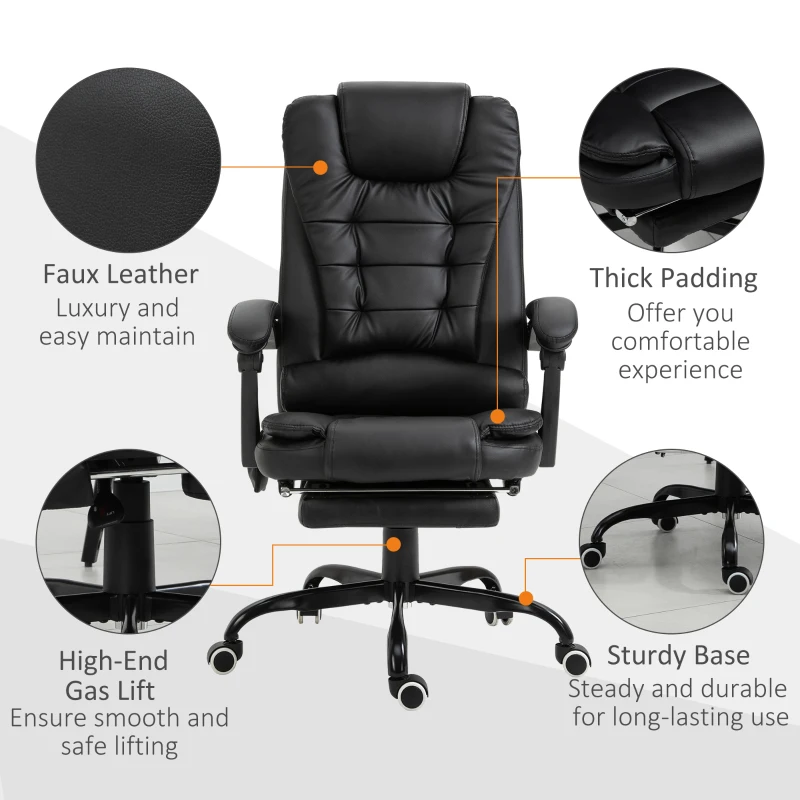 Vinsetto 7-Point Vibrating Massage Office Chair High Back Executive Recliner with Lumbar Support, Footrest, Reclining Back, Adjustable Height, Black