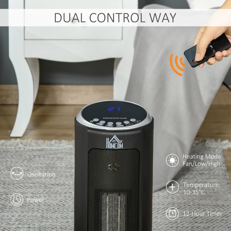 HOMCOM Ceramic Tower Heater, 45° Oscillating Space Heater with Remote Control, Timer, Tip-Over & Overheat Protect, 750W/1500W, Black