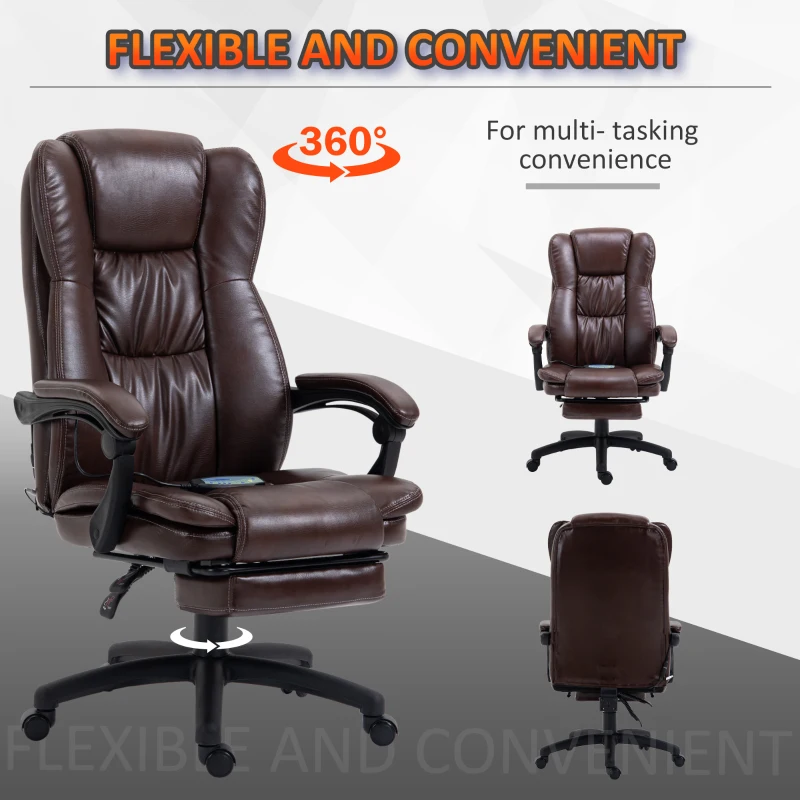 Vinsetto High Back Massage Office Chair with 6-Point Vibration, 5 Modes, Executive Chair, PU Leather Swivel Chair with Reclining Back, and Retractable Footrest, Brown