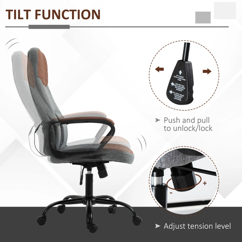 Vinsetto High Back Office Chair with 2-Point Lumbar Massage, USB Power, Faux Leather, and Linen Fabric, Brown/Grey
