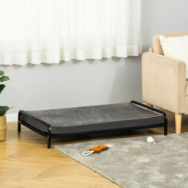 PawHut 2-IN-1 Elevated Pet Bed for Large & Medium-Sized Dog Steel Frame Removable Sponge Cushion Breathable Linen Fabric, Grey, 43.25"x25.5"x7.75"