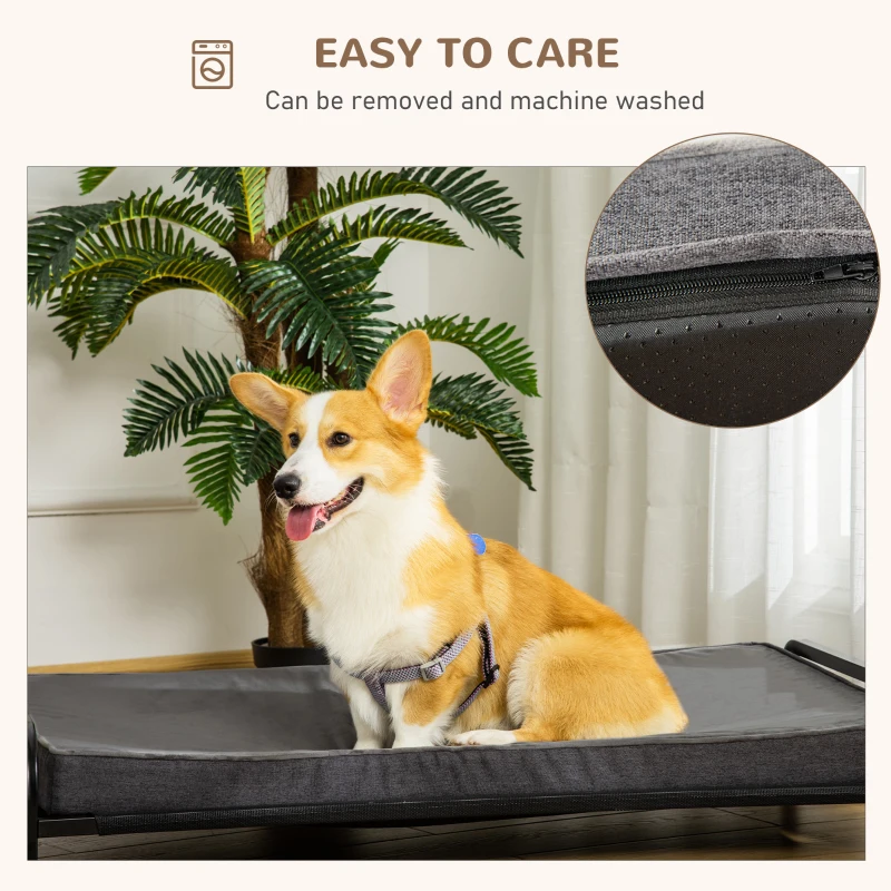 PawHut 2-IN-1 Elevated Pet Bed for Large & Medium-Sized Dog Steel Frame Removable Sponge Cushion Breathable Linen Fabric, Grey, 43.25"x25.5"x7.75"