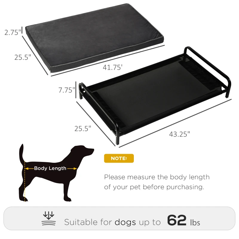 PawHut 2-IN-1 Elevated Pet Bed for Large & Medium-Sized Dog Steel Frame Removable Sponge Cushion Breathable Linen Fabric, Grey, 43.25"x25.5"x7.75"